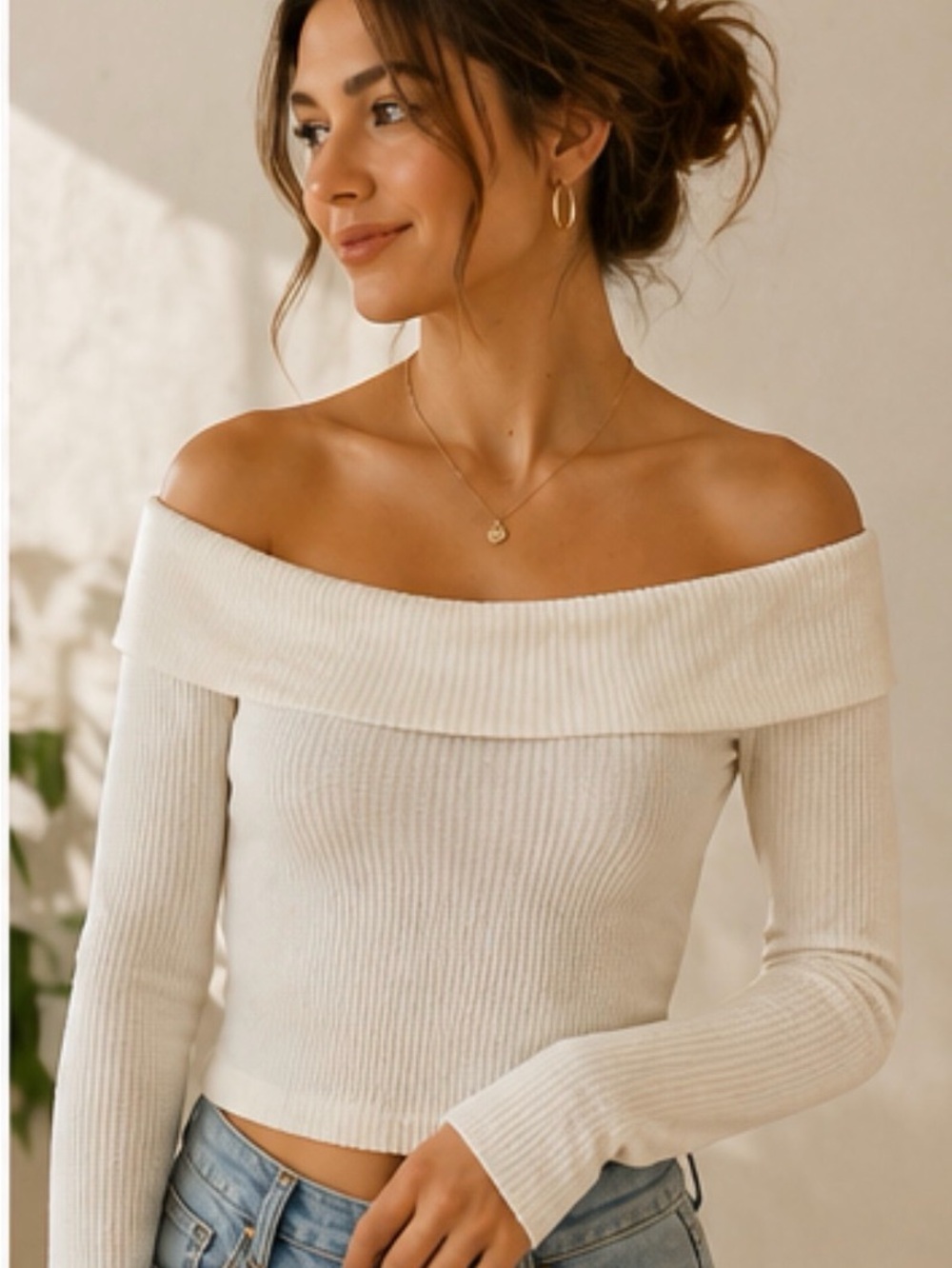 Off-the-Shoulder Ribbed Knit Sweater - Cream